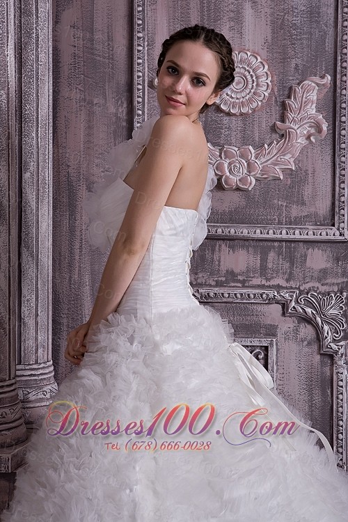 One Shoulder Court Train A-line Bridal Gown Tulle