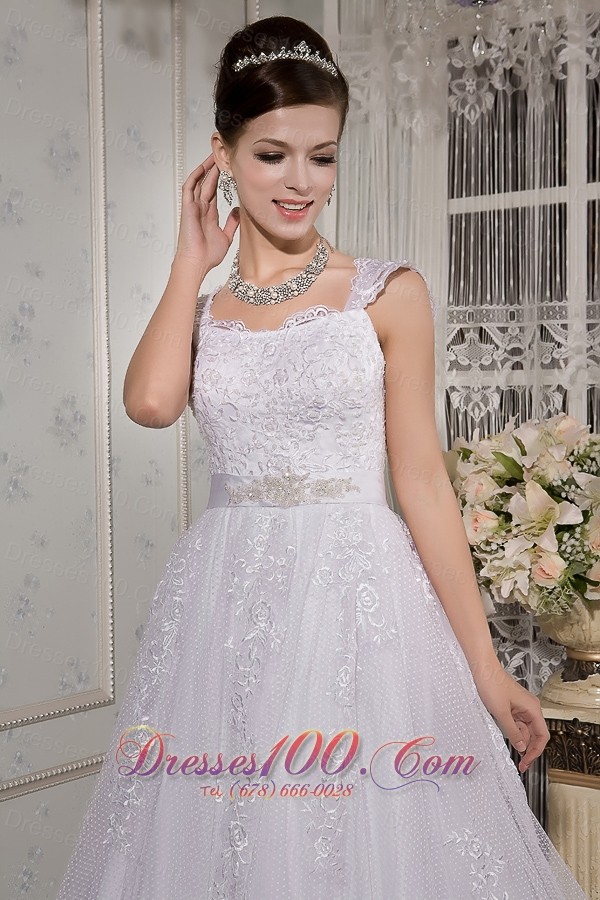 Lace Square Neck Straps Court Train Wedding Gown