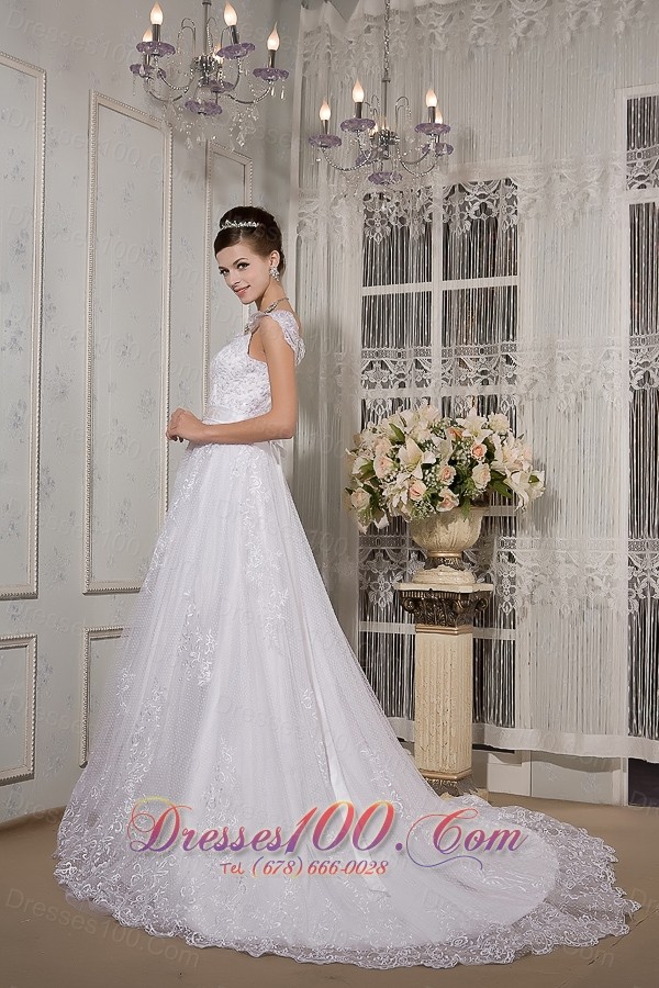 Lace Square Neck Straps Court Train Wedding Gown