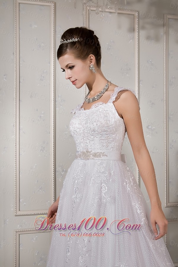 Lace Square Neck Straps Court Train Wedding Gown