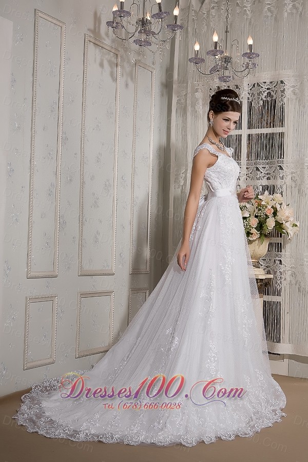 Lace Square Neck Straps Court Train Wedding Gown