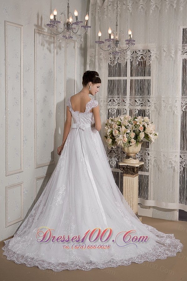 Lace Square Neck Straps Court Train Wedding Gown