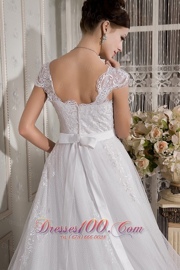 Lace Square Neck Straps Court Train Wedding Gown