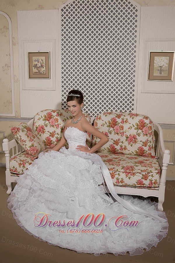 Court Train Organza And Lace Bridal Gown A-line Strapless