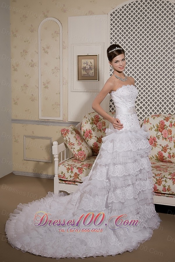 Court Train Organza And Lace Bridal Gown A-line Strapless