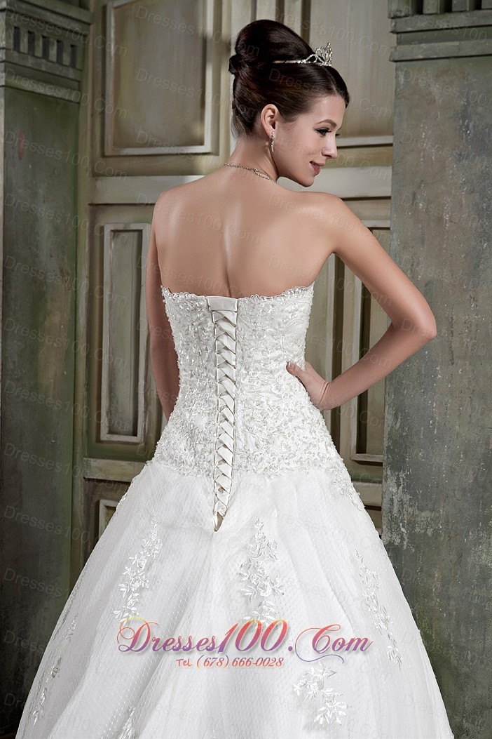 Customize Strapless Chapel Train Lace Bridal Gown A-line