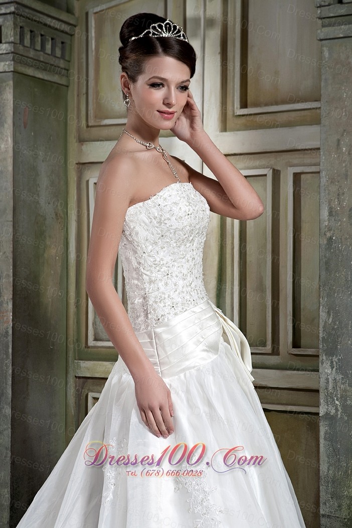 Strapless Organza Princess Appliques Chapel Train Wedding Gown