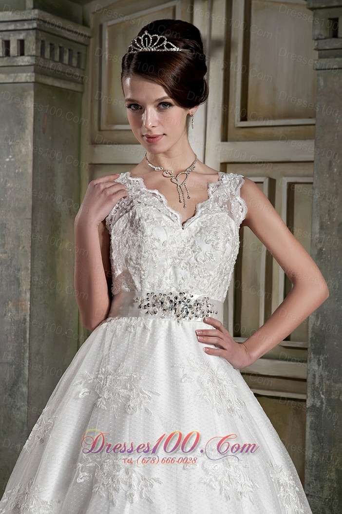 V-neck Princess Chapel Train Bridal Dress Lace Beading