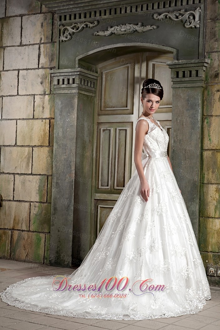 V-neck Princess Chapel Train Bridal Dress Lace Beading