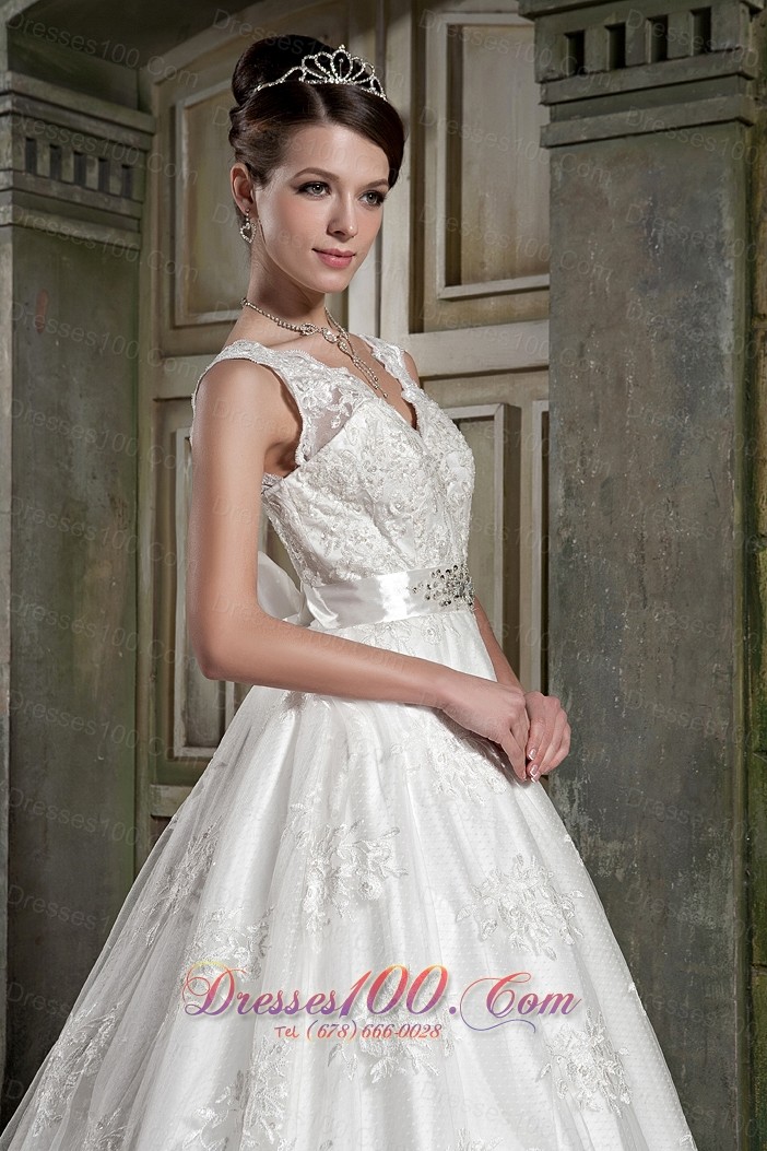 V-neck Princess Chapel Train Bridal Dress Lace Beading