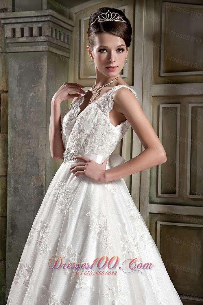 V-neck Princess Chapel Train Bridal Dress Lace Beading