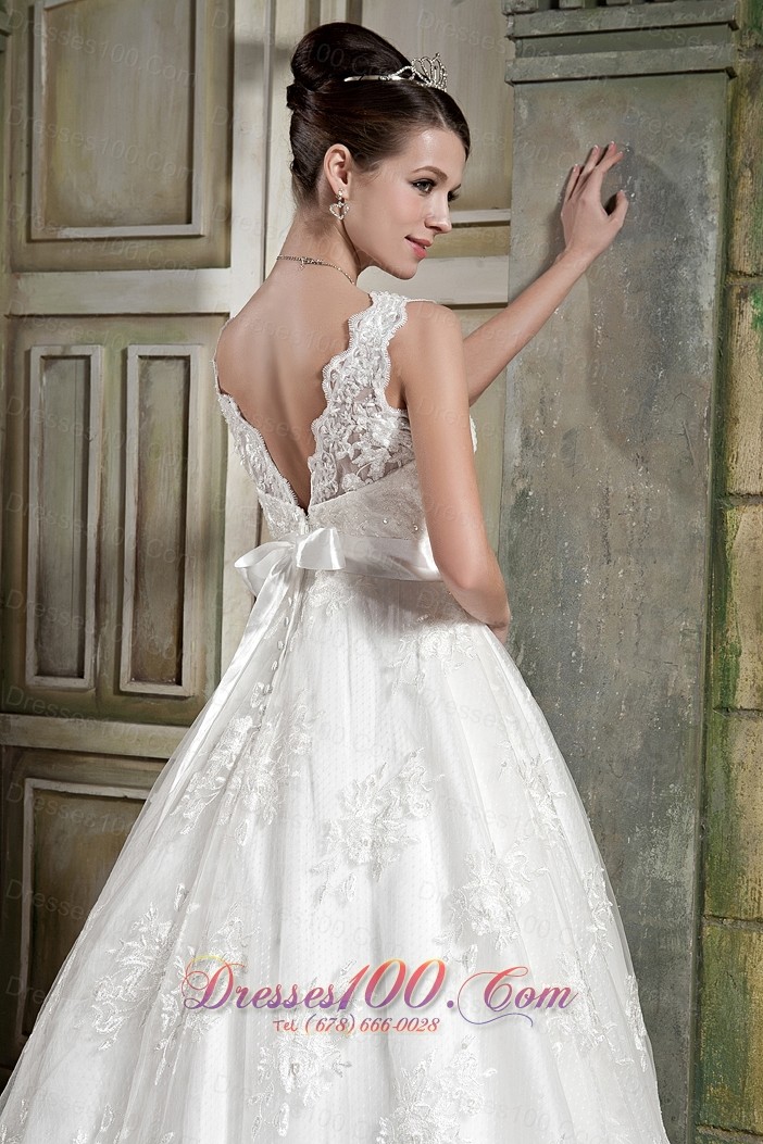 V-neck Princess Chapel Train Bridal Dress Lace Beading