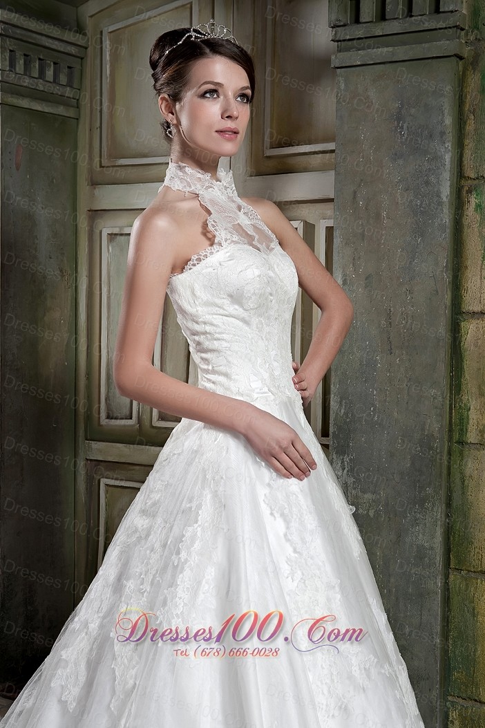 Halter Top Neck A-line Bridal Wedding Dress With Chapel Train