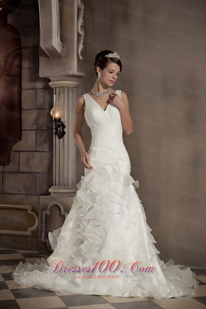 V-neck Mermaid Wedding Gown Ruffles Organza Chapel Train