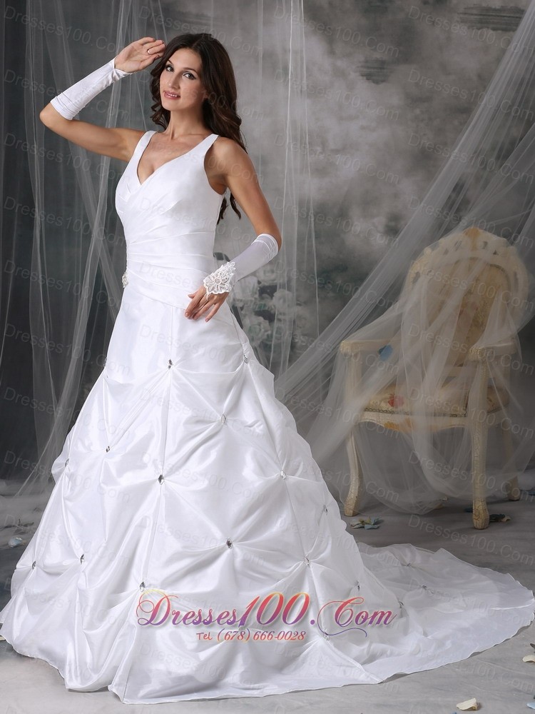 V-neck Taffeta Pick-ups Bridal Dress Court Train Beading