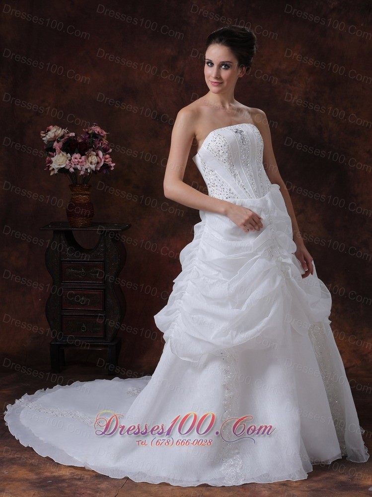 Strapless A-line Organza Bridal Dress With Beading Court Train