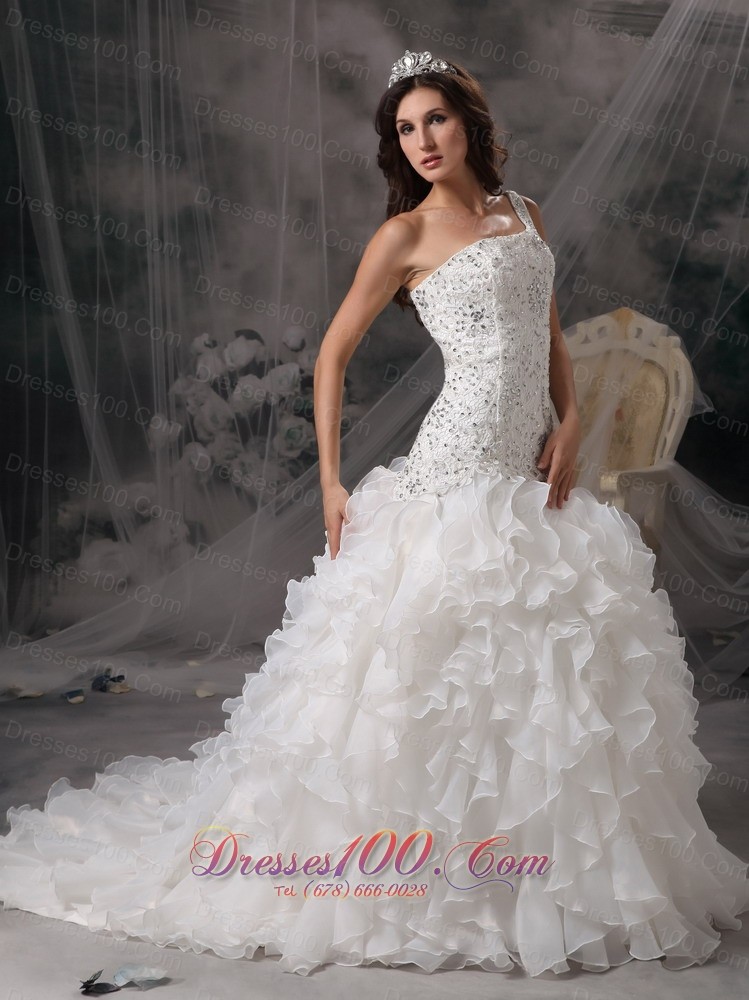 Beading One Shoulder Organza Ruffles Court Train Bridal Dress