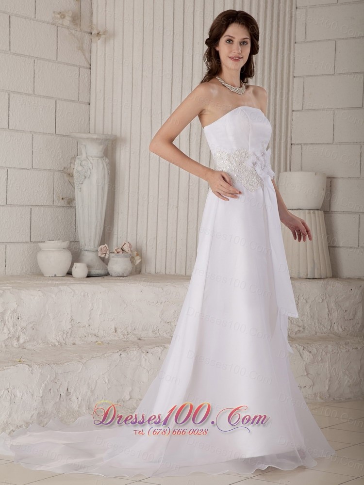 Strapless Court Train Organza Wedding Gown With Handle Flowers