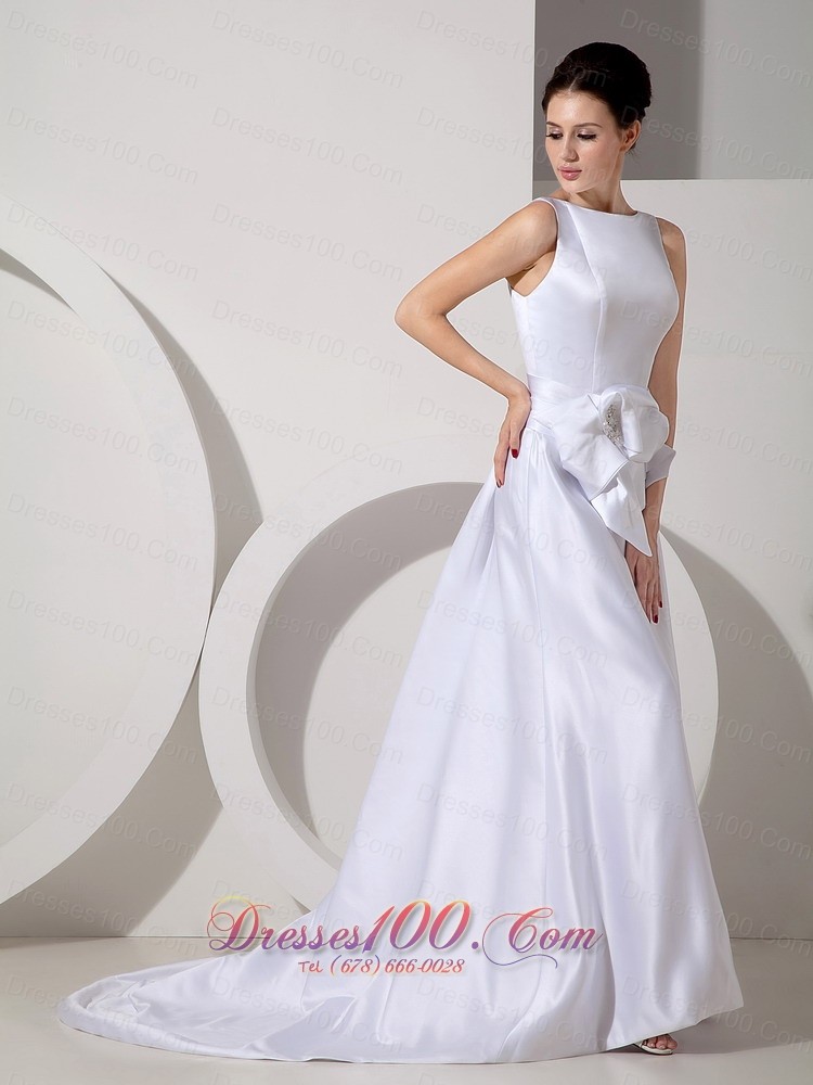 Bridal Wedding Gown Bateau Neck Brush Train Satin