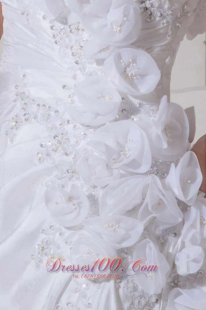 Hand Made Flowers Court Train One shoulder Wedding Bridal Dress