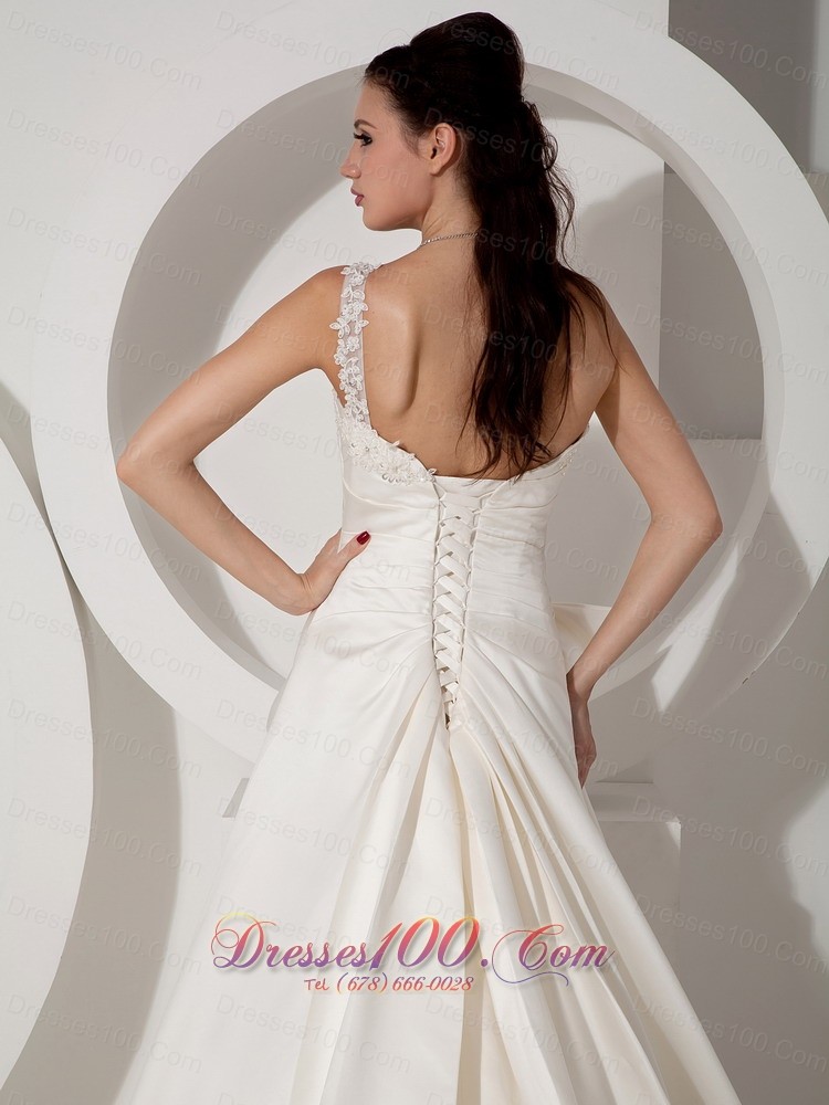 Ivory One Shoulder Ruched Wedding Dress Appliques Court Train