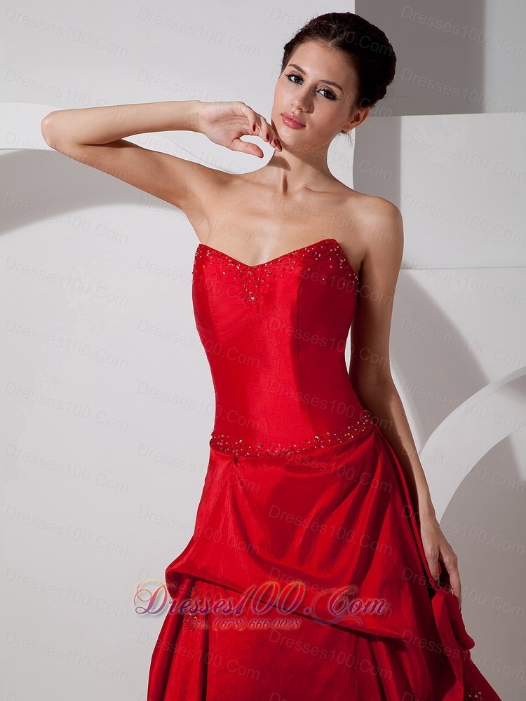 Red Strapless Court Train Wedding Dress Appliques Taffeta Organza