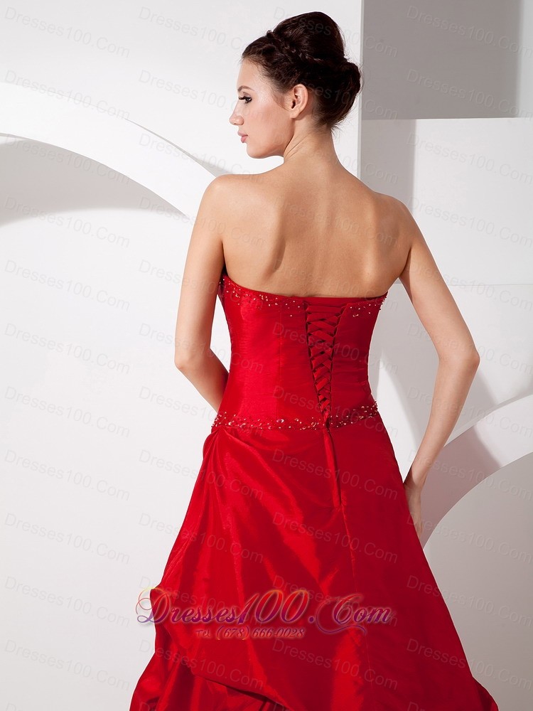 Red Strapless Court Train Wedding Dress Appliques Taffeta Organza