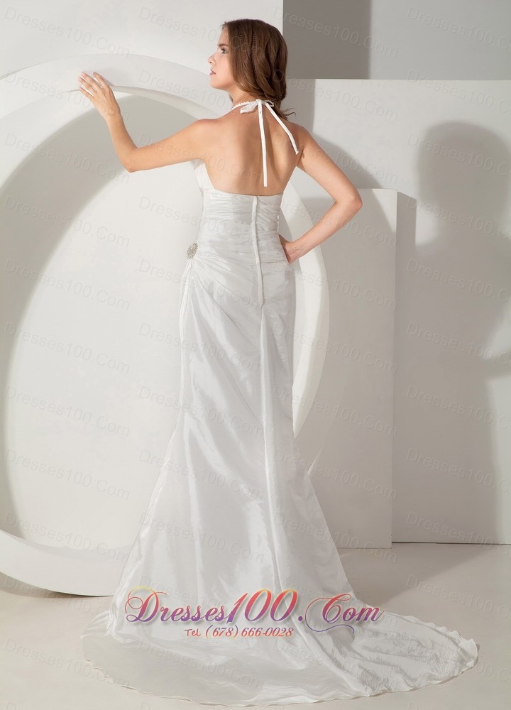 Halter Sweet Train Taffeta Column Bridal Dress Ruch And Straps