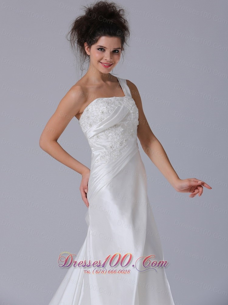 One Shoulder Beading Taffeta Bridal Wedding Gown With Court Train