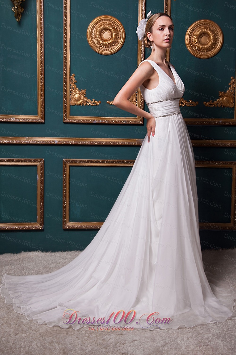 Brush Train V-neck Organza Bridal Wedding Dress Beading