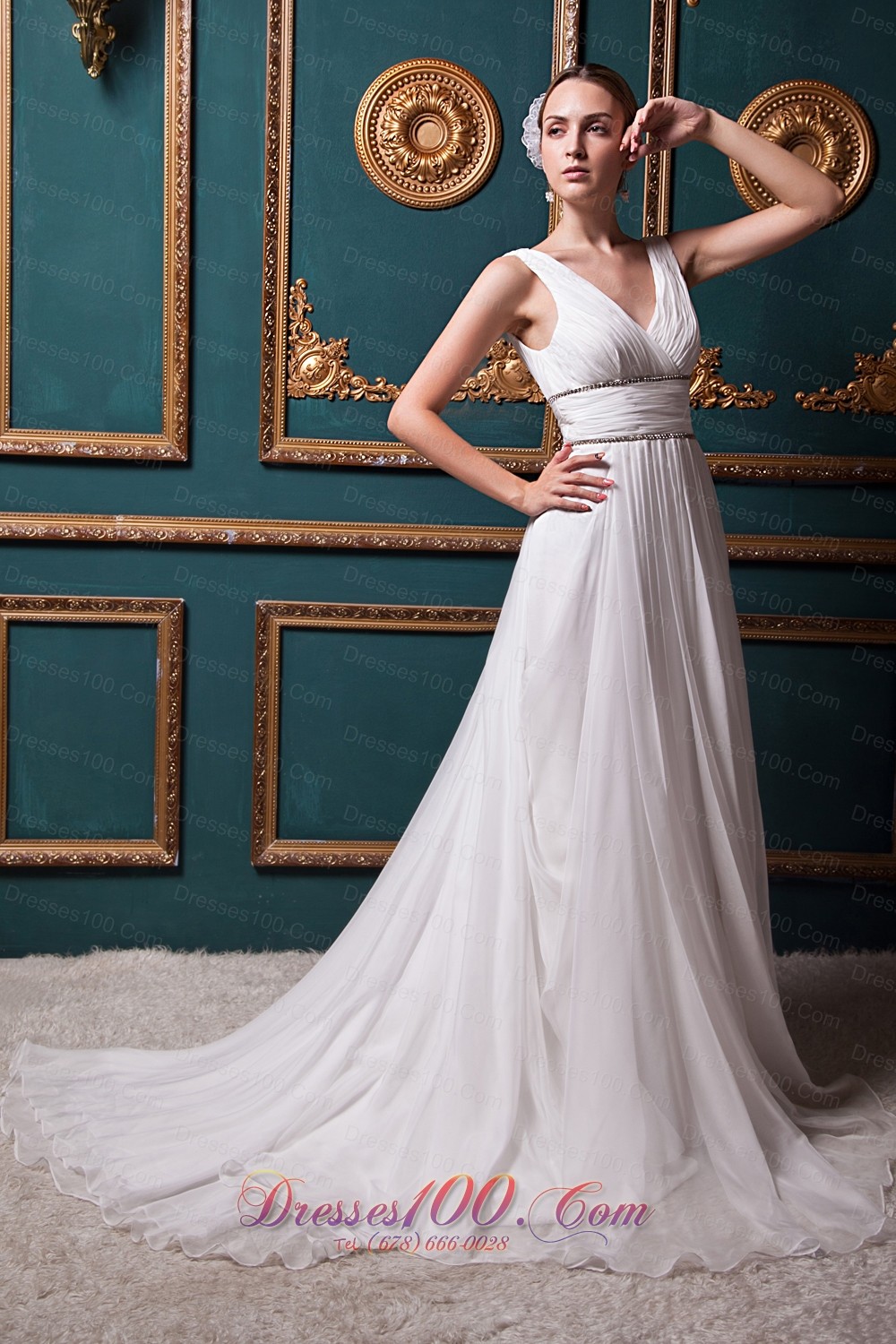 Brush Train V-neck Organza Bridal Wedding Dress Beading