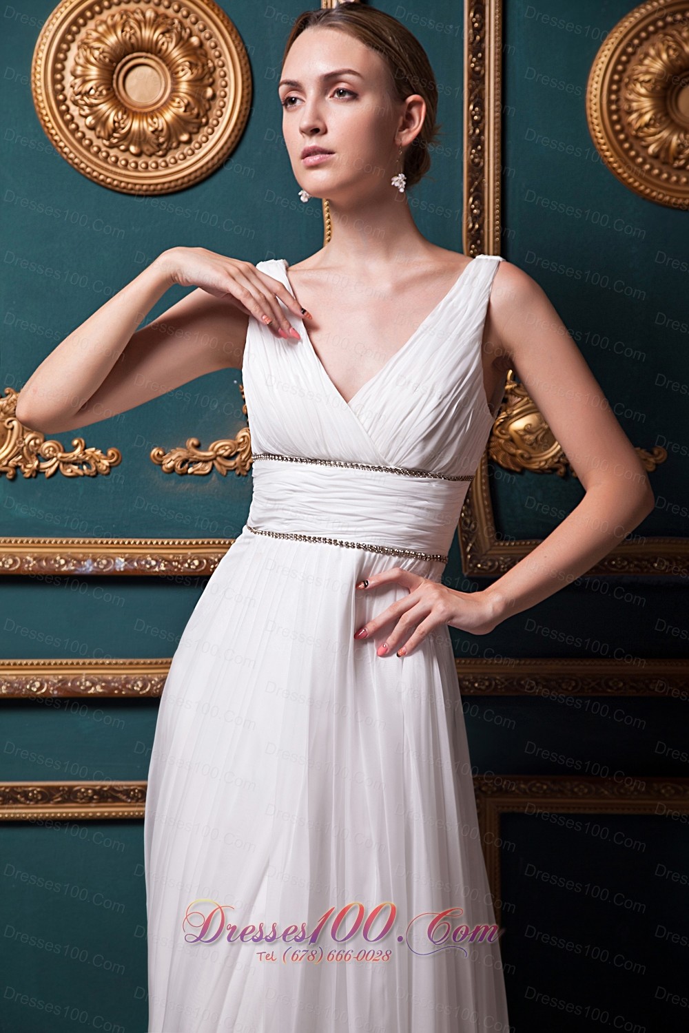 Brush Train V-neck Organza Bridal Wedding Dress Beading