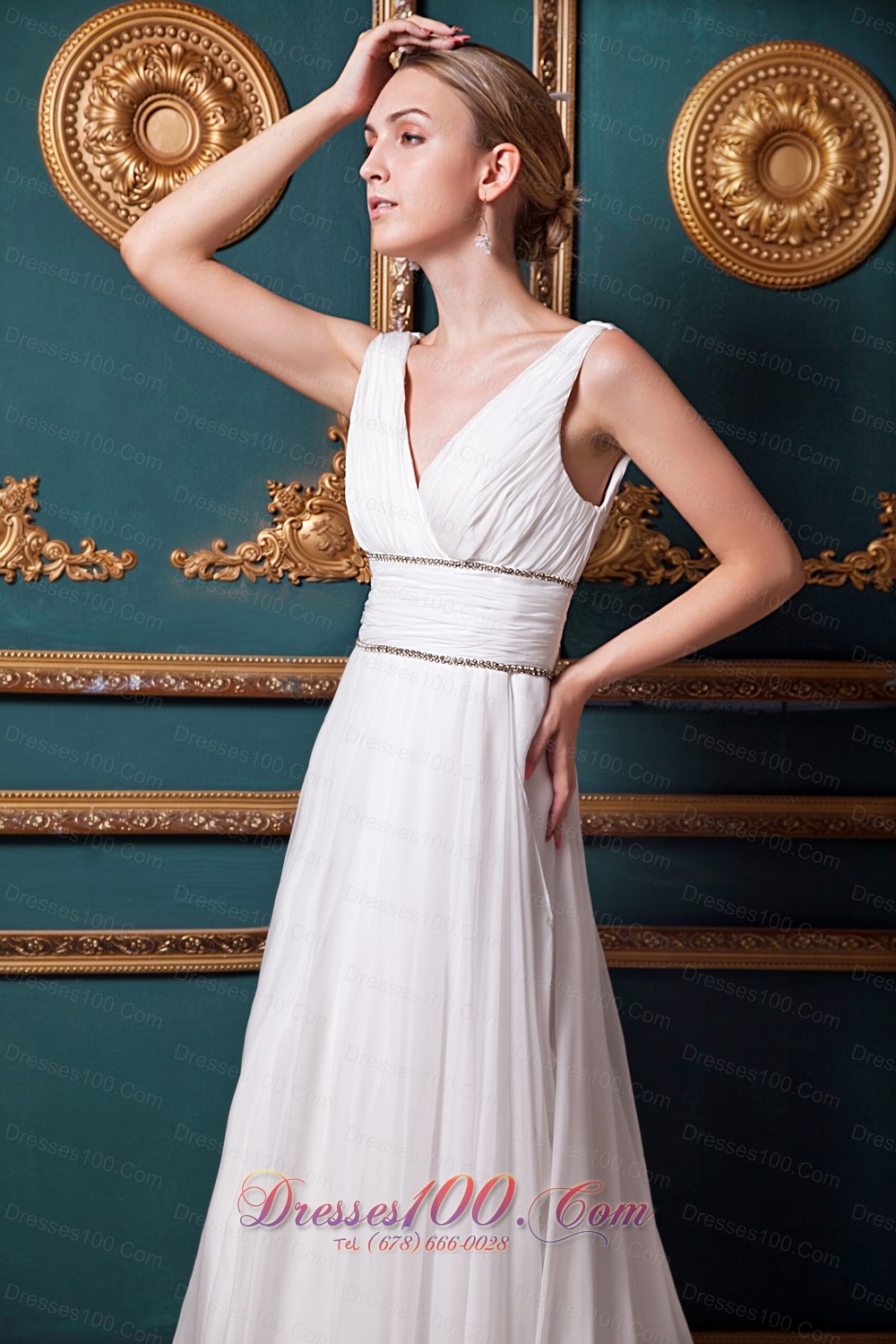 Brush Train V-neck Organza Bridal Wedding Dress Beading