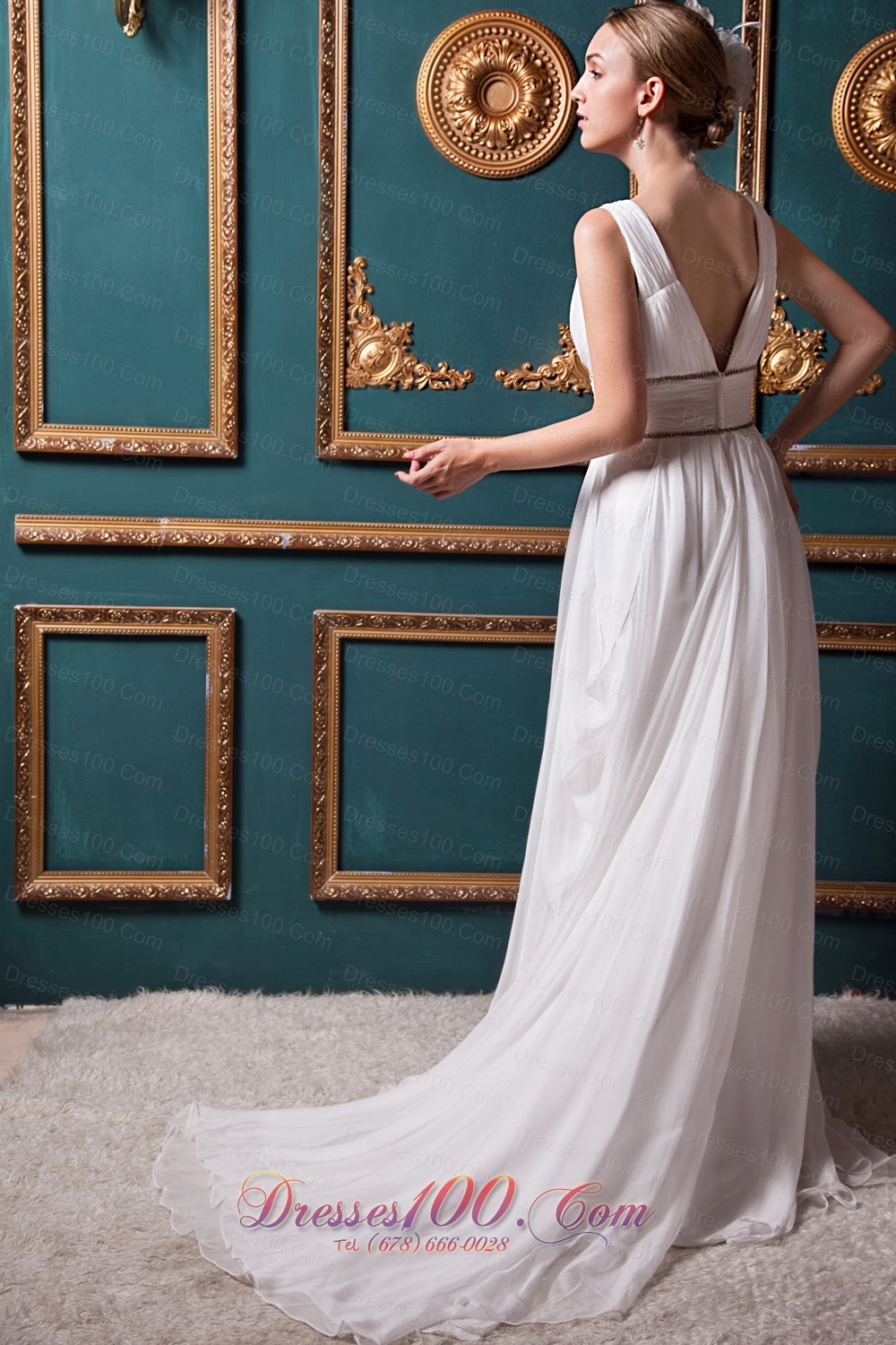 Brush Train V-neck Organza Bridal Wedding Dress Beading