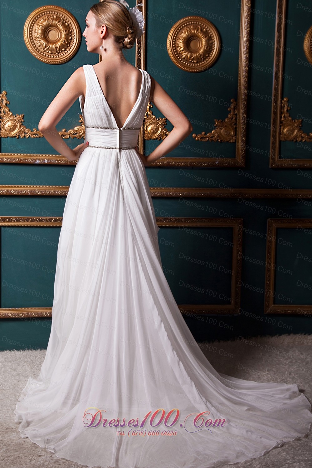 Brush Train V-neck Organza Bridal Wedding Dress Beading