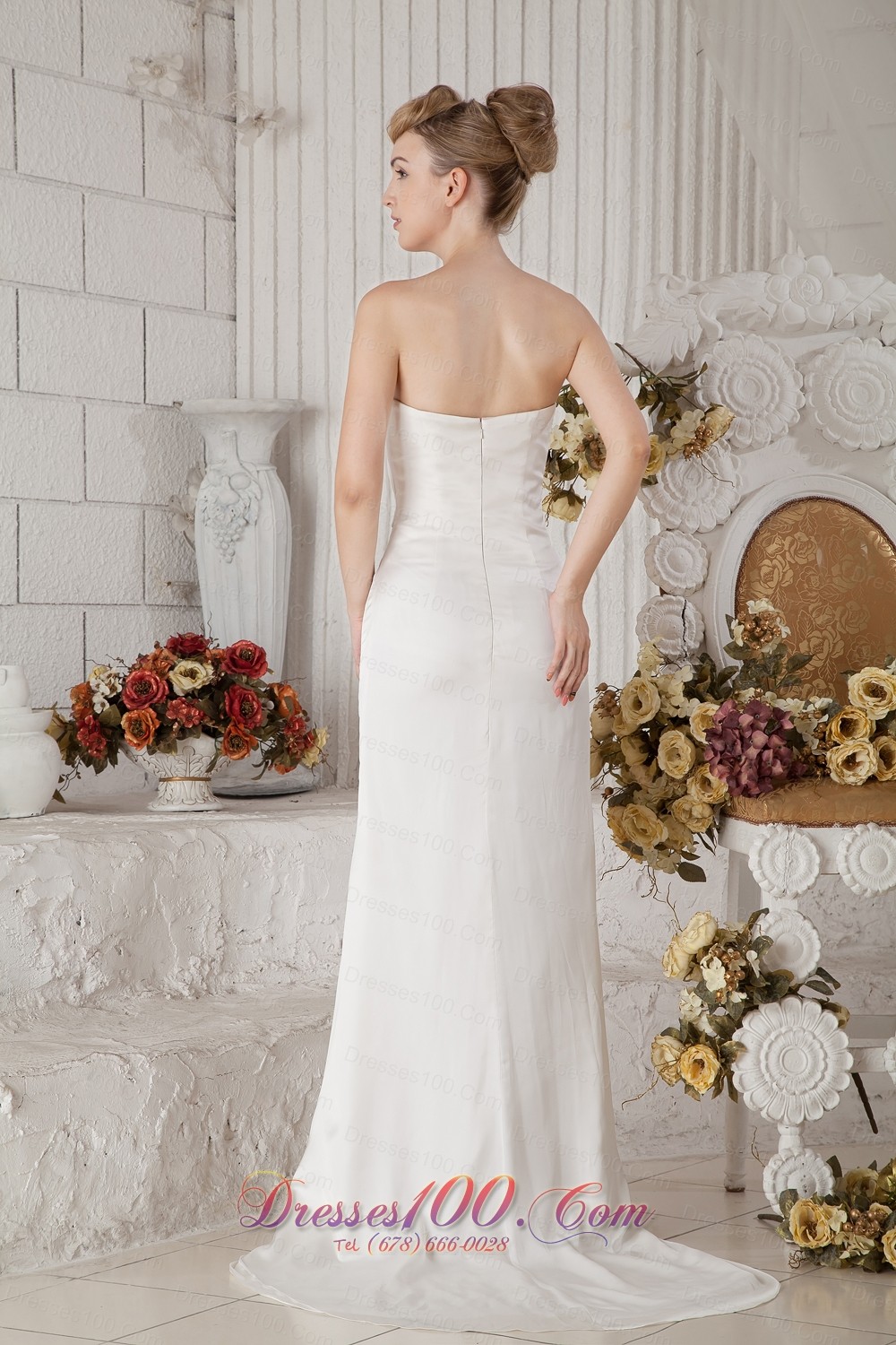 Ruched Chiffon Strapless Brush Train Wedding Bridal Dress Column
