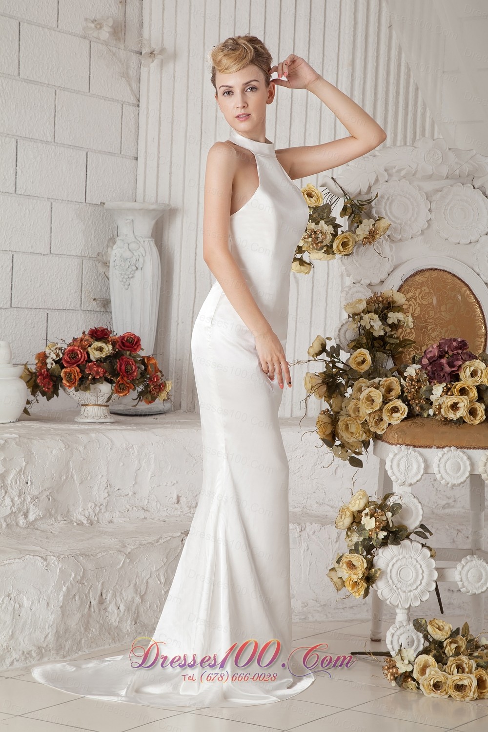 Low Cost Halter Top Brush Train Wedding Gown Taffeta Column