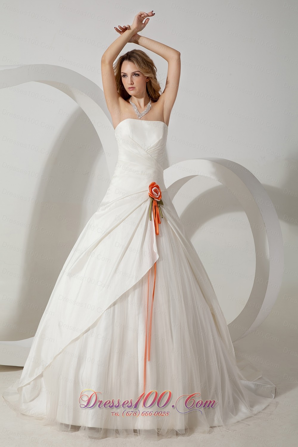 Taffeta Hand Made Flower Bridal Dress Brush Train Strapless