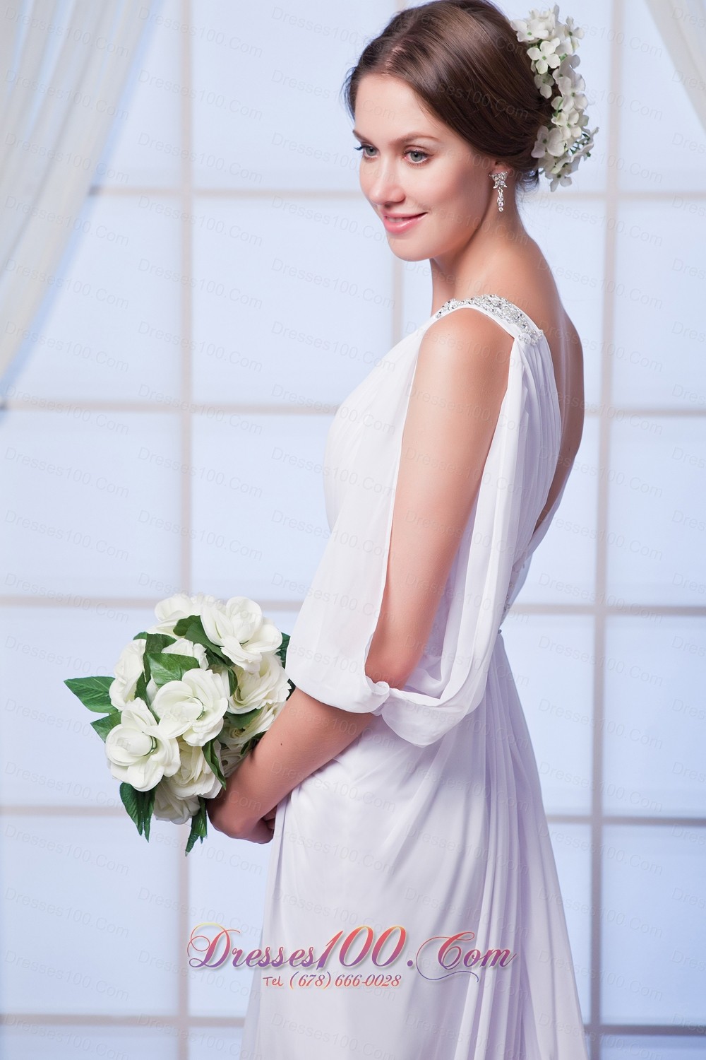 Discount V-neck Chiffon Bridal Gown Court Train Beading Empire