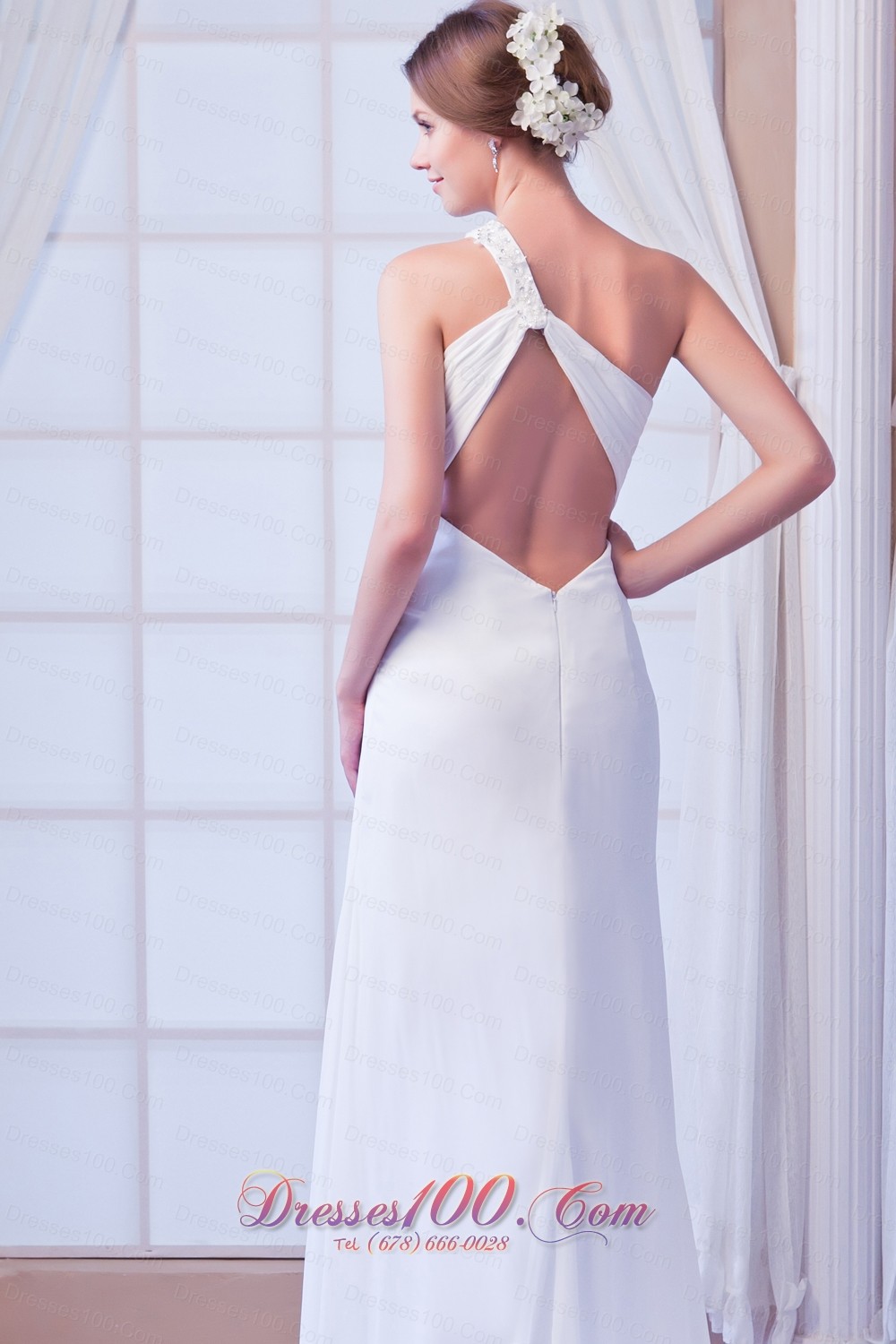 One Shoulder Empire Bridal Dress Chiffon Court Train Beading