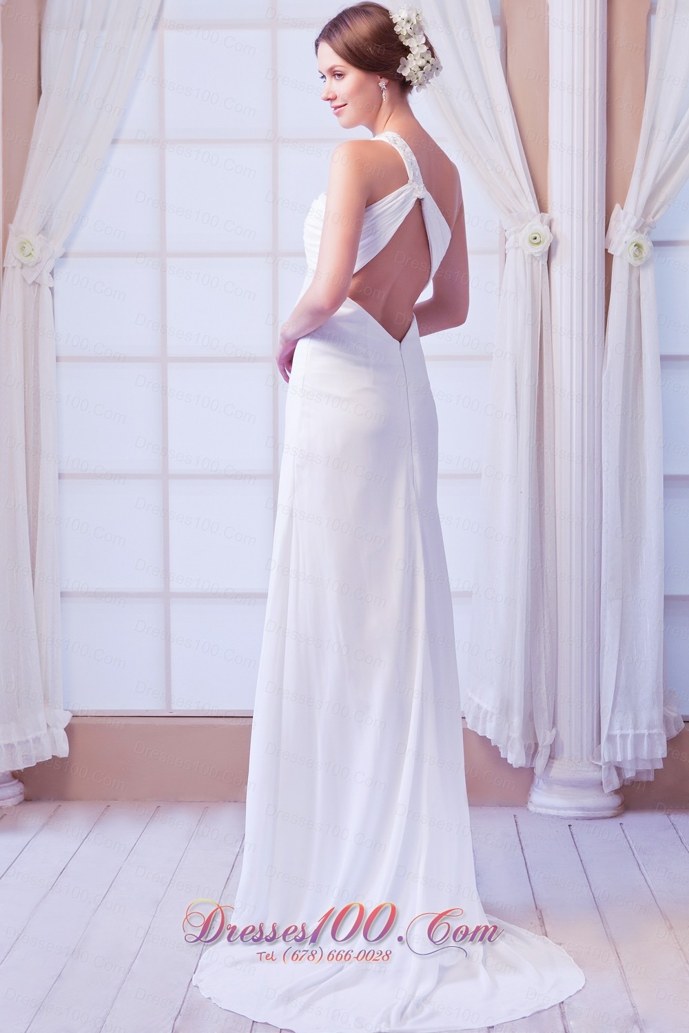 One Shoulder Empire Bridal Dress Chiffon Court Train Beading