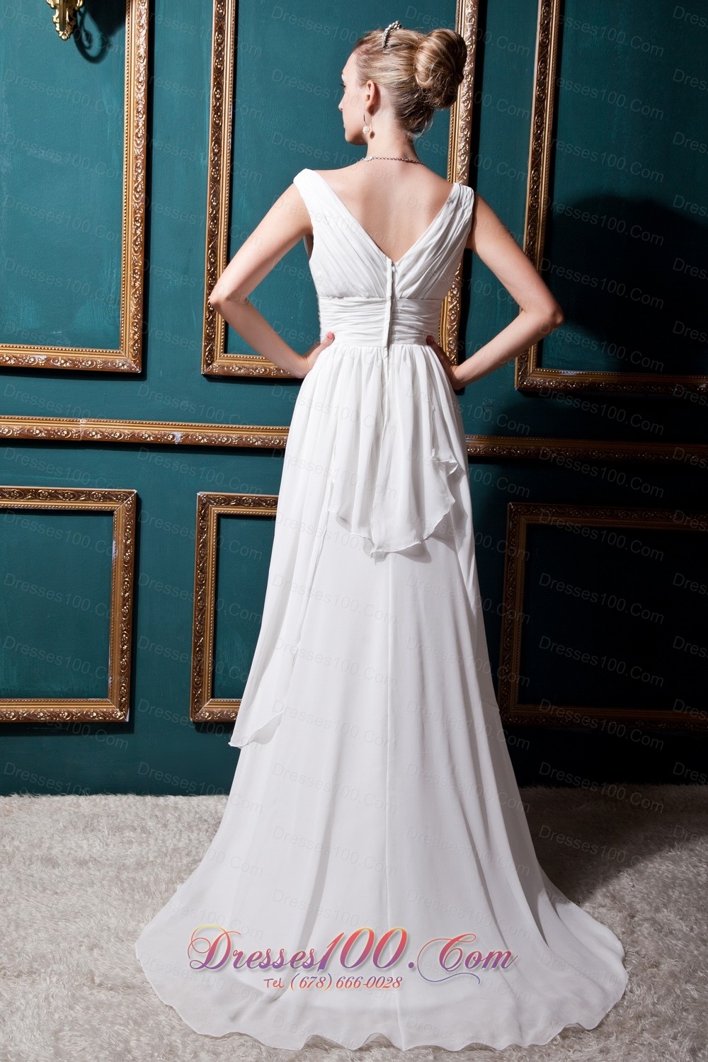 V-neck Brush Train Empire Wedding Bridal Dress Ruched Chiffon