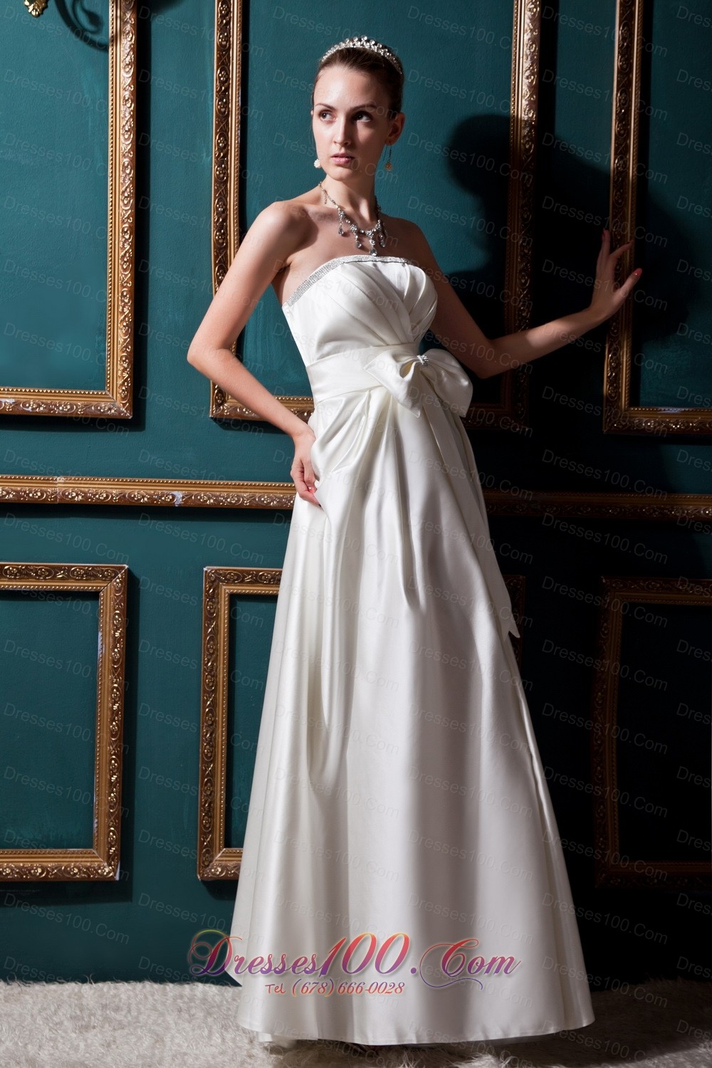 Elastic Wove Satin Beading and Bows Wedding Bridal Gown Strapless