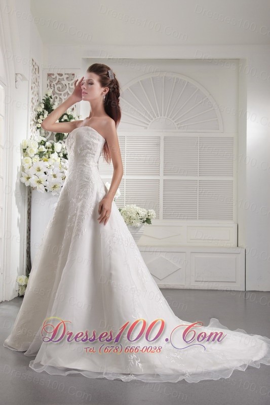 Princess Court Train Wedding Gown Strapless Organza Embroidery