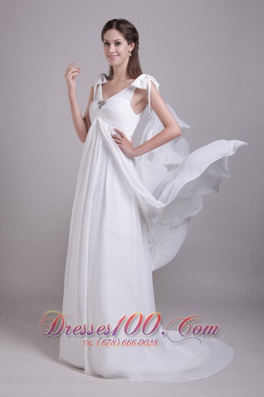 Chiffon Empire Bridal Wedding Gown Beading V-neck Brush Train