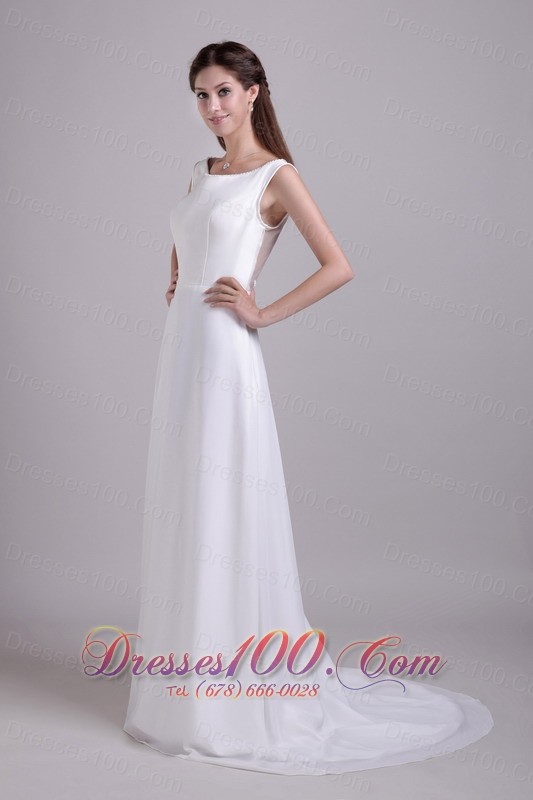 Scoop Neck Floor-length Wedding Gown Chiffon Brush Train Beading