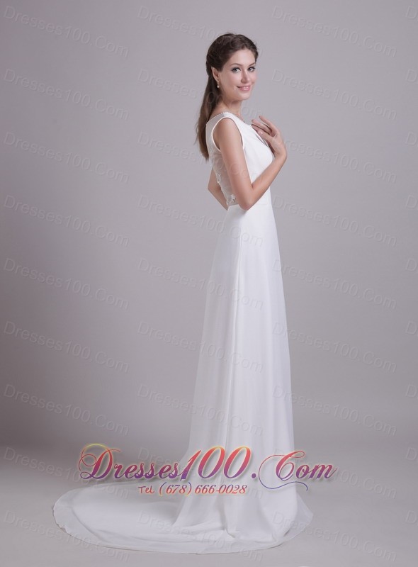 Scoop Neck Floor-length Wedding Gown Chiffon Brush Train Beading