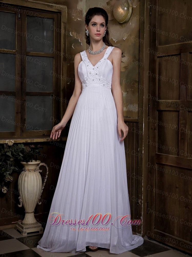 Taffeta and Chiffon Pleated Bridal Dress V-neck Watteau Train