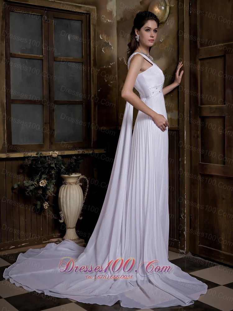 Taffeta and Chiffon Pleated Bridal Dress V-neck Watteau Train