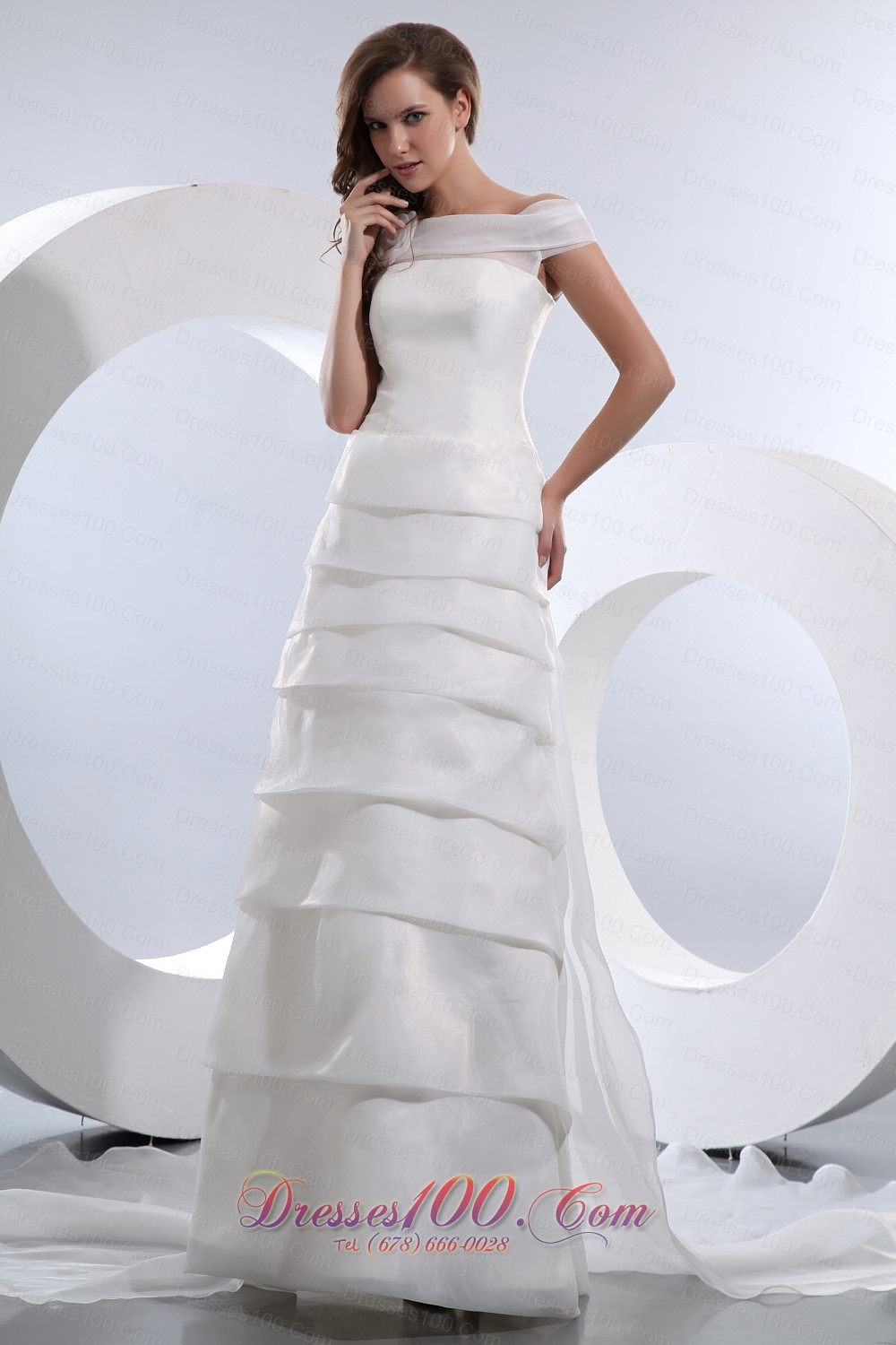 Chapel Train Wedding Dress Hand Made Flower Ruffled Layers